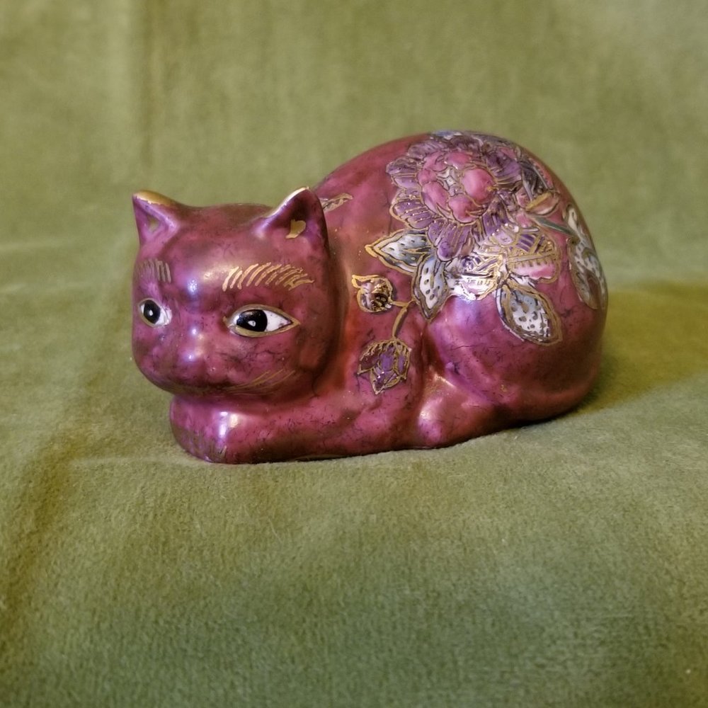 Cloisonne-look burgundy china cat figurine